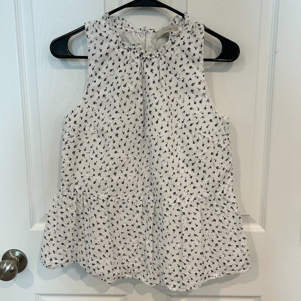 LOFT Eyelet Peplum Ruffle Neck Sleeveless Top, White/Black XS